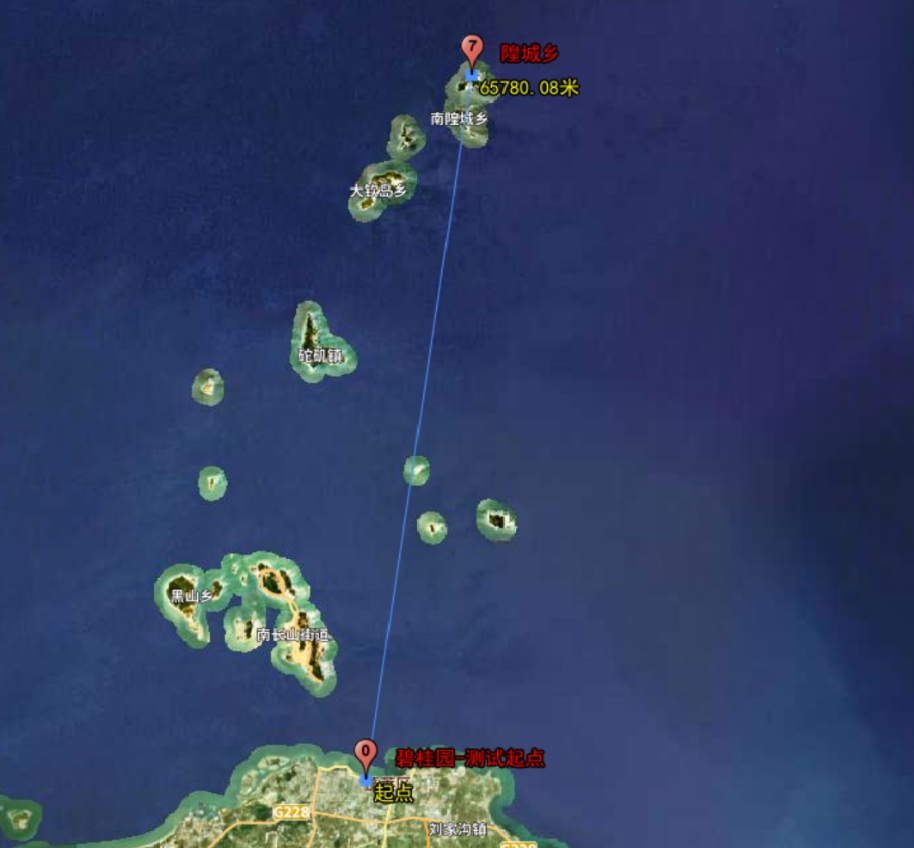 Original test-location map with a measured sea route of 65780.08 metres